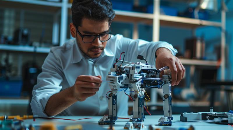 Un ingénieur en mécanique assemble soigneusement un prototype de robot quadrupède sur une paillasse, ajustant le câblage et les composants dans un laboratoire rempli d’outils et d’équipements.