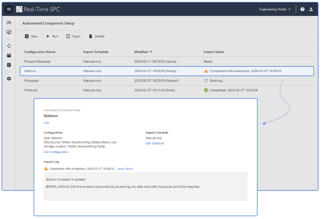 コンポーネントの自動セットアップの完了と例外の発生