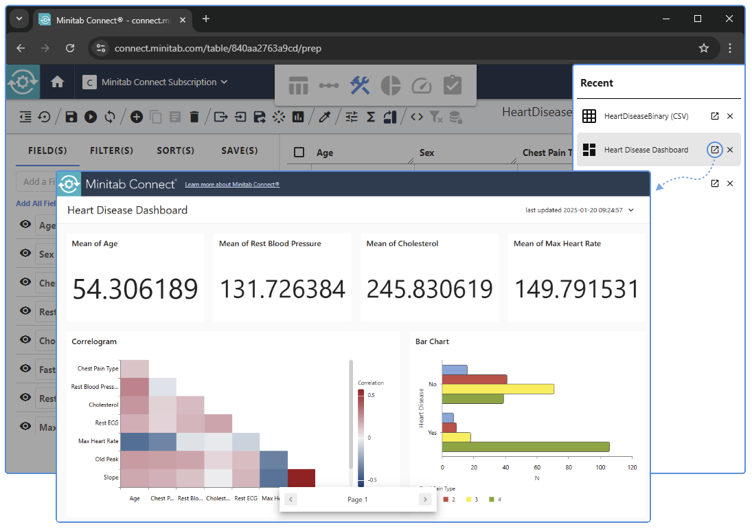 Minitab Connect 최근 작업 창