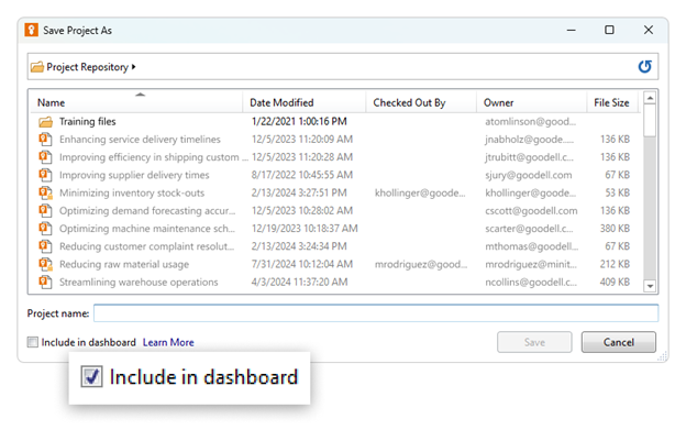 대시보드에 포함을 활성화하여 Engage에서 프로젝트 저장